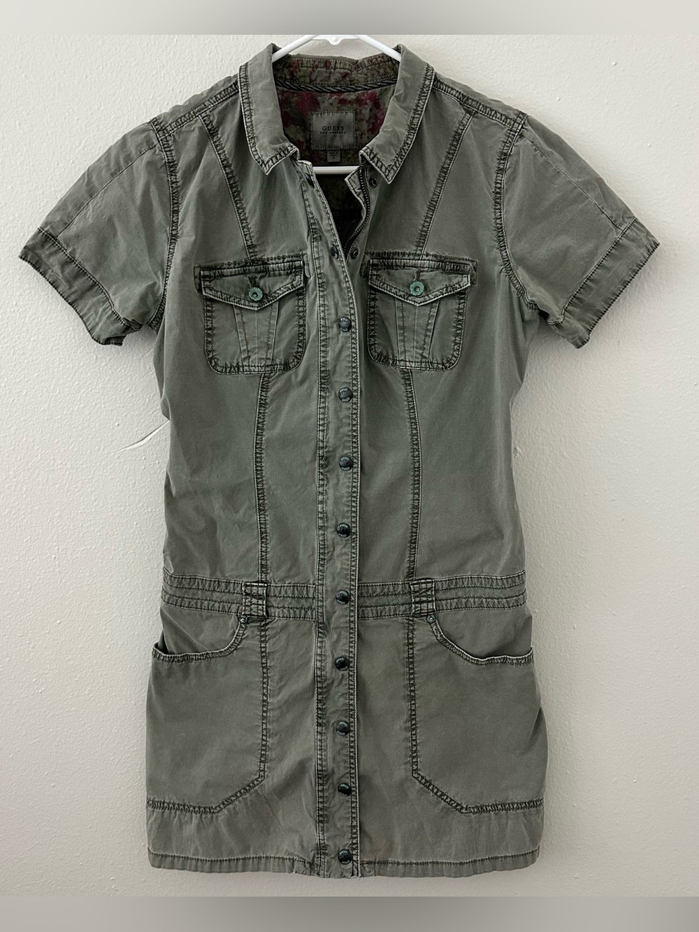 Y2K Guess Green Utility Mini Dress Women 6 Cargo Pockets Full Zip Hip Hop Street
